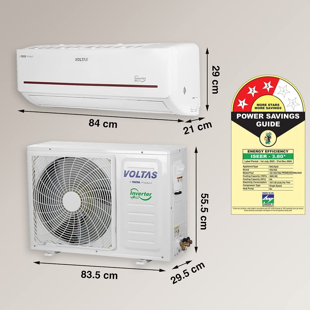 VOLTAS 1.5 Ton 3 Star Fixed Speed Split Inverter AC - White LED Display Anti-dust Filter(183 Vectra Prism (4503496)Copper Condenser